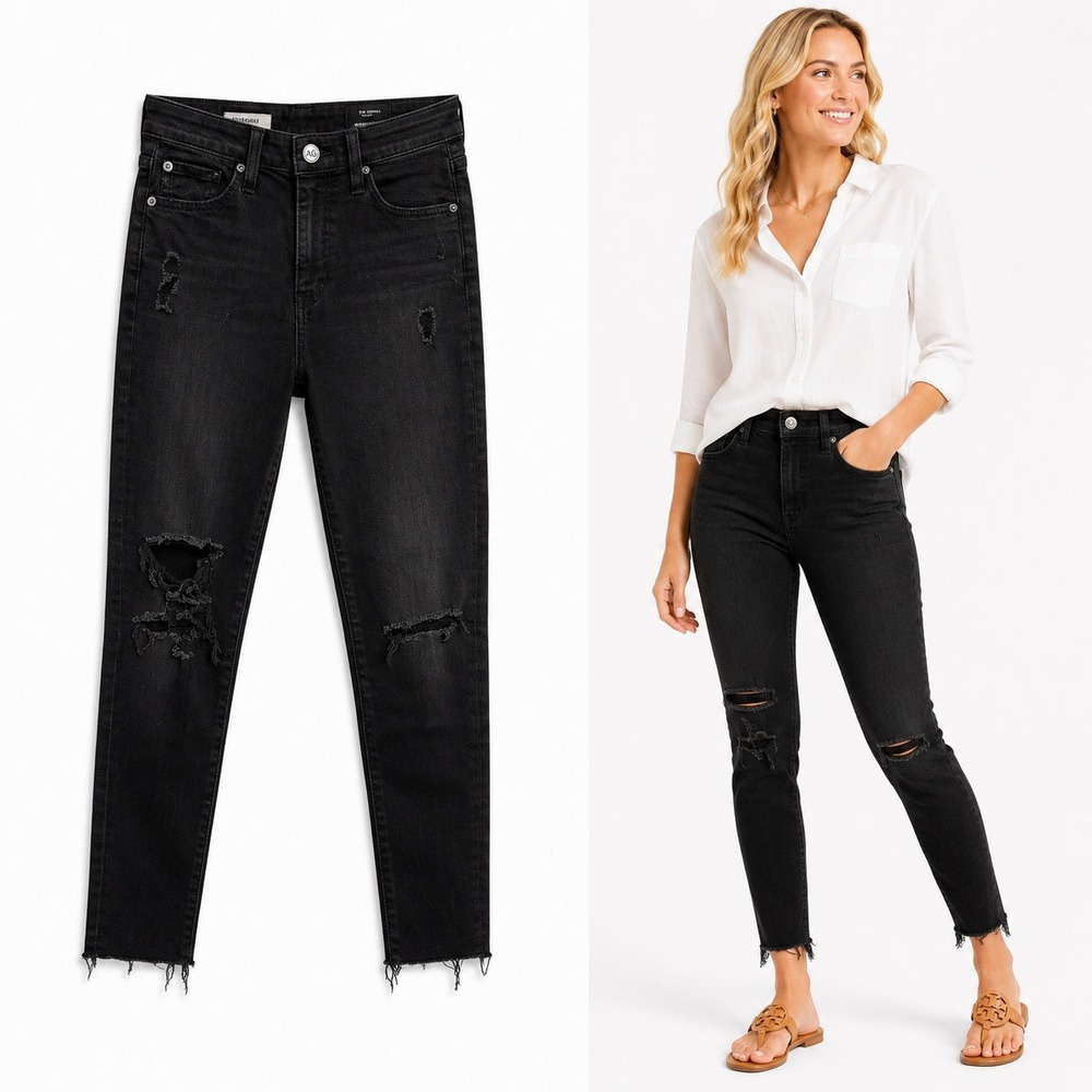 AG Adriano Goldschmied Skinny Jeans Women 26 Black High Rise Ripped Frayed Hem